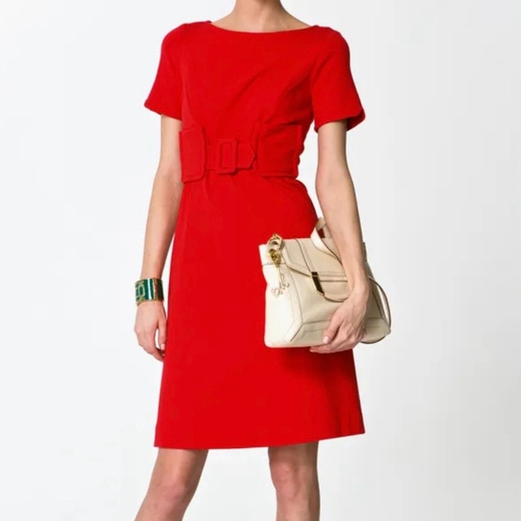 Milly Red Short Sleeve Belted Pencil Dress - Picture 1 of 9